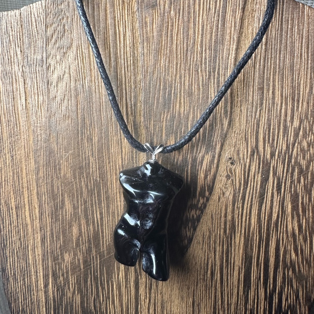 Black Obsidian Male Body Pendant Necklace on Black Rope, Sterling Silver Clasp - Picture 8 of 10
